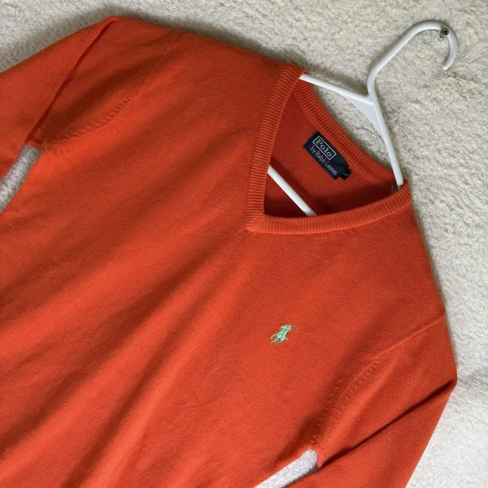Vintage Polo Ralph Lauren Pullover Sweater Mens Large Orange V Neck Wool